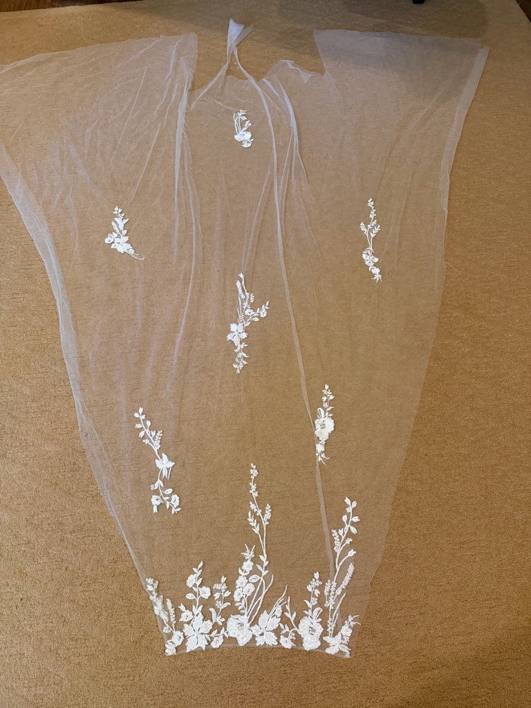 Sheer White Floral Embroidered Bridal Tulle Remnant